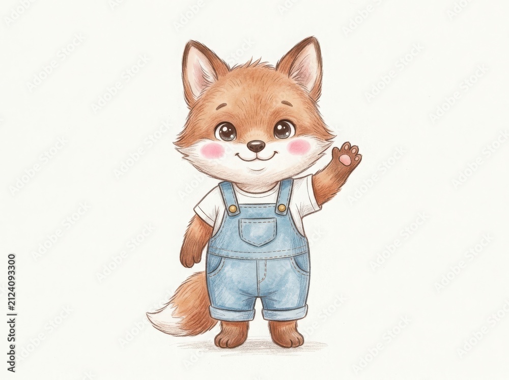 Fototapeta premium Cute little fox cartoon character wearing grey overalls waving hello isolated on white background