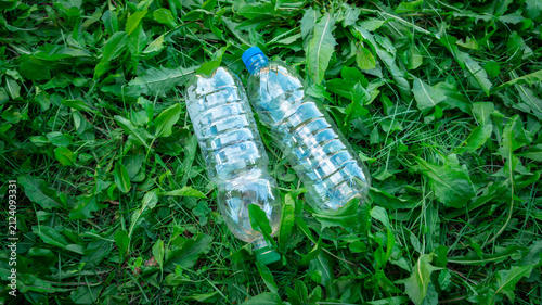 Принти на полотні Two empty clear plastic bottles discarded on green grass, environmental pollutio