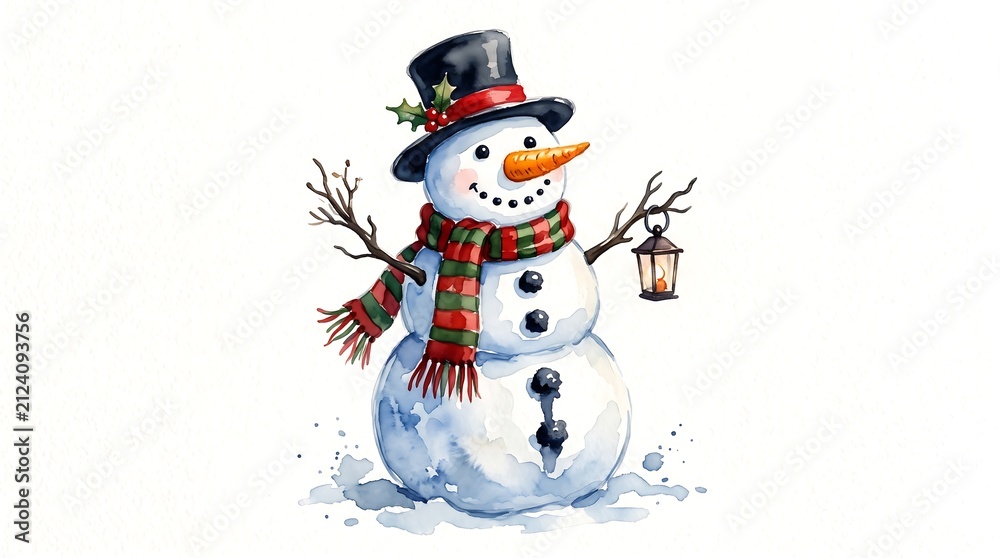 Fototapeta premium Watercolor snowman with top hat and lantern. Festive winter character for holiday design.
