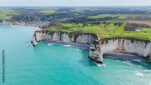 Normandy coast at Etretat, classic French seaside destination for natural landmarks, chalk cliffs and sea views