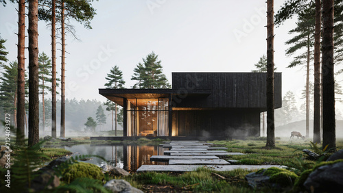 Modern single-story house with large and wooden deck surrounded by tall pine