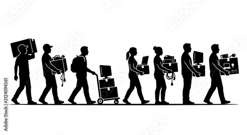 Moving People Silhouettes, Vector Set: Individuals Carrying Boxes, Laptops, and Equipment for Relocation and Logistics