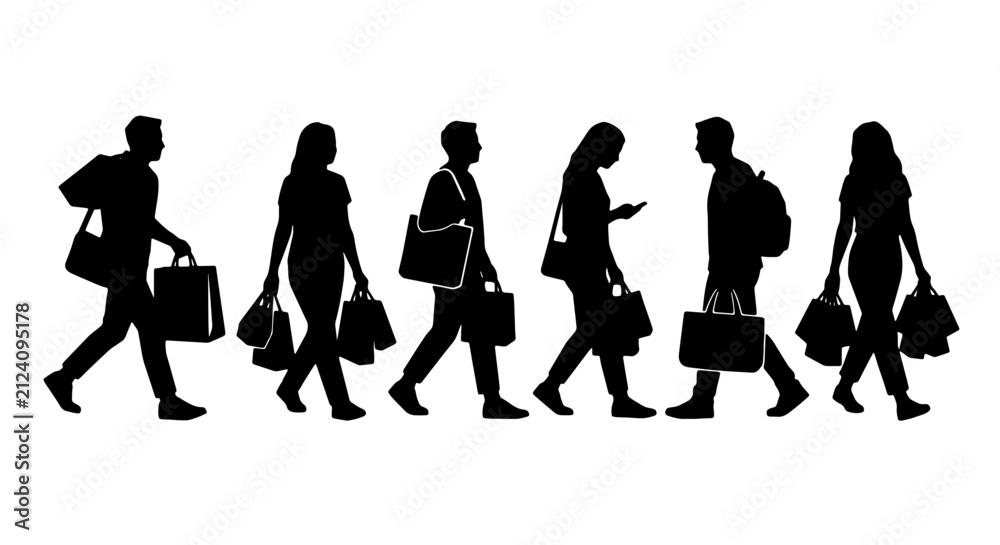 Obraz premium Diverse Shoppers Silhouette Collection, Black Figures Carrying Shopping Bags, Consumerism Lifestyle Vector Icons