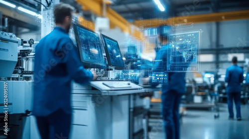 Workers with printing machine in food packaging printing factory