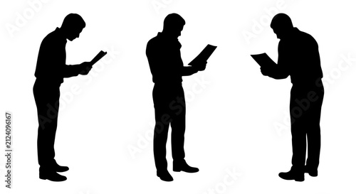 Silhouette Business People Reading Documents, Studying Information, Corporate Professionals Engaged in Work, Vector Set for Presentations