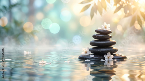 Zen Stones and Lotus Flowers in Magical Misty Water
