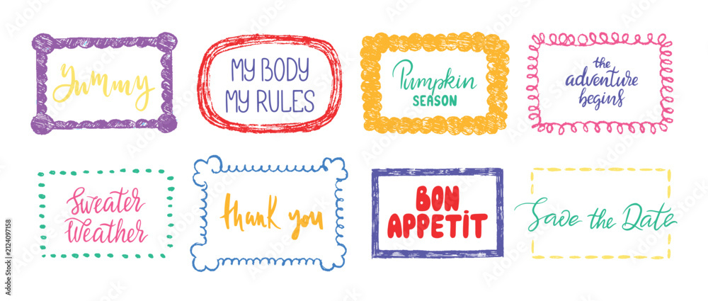 Obraz premium Decorative grunge frames with lettering phrases. Crayon drawing style frame design, children draw. Hello autumn, yummy, thank you banners, vector set