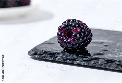 Close up of a single ripe blackberry resting on a wet dark slate stone tile with water droplets