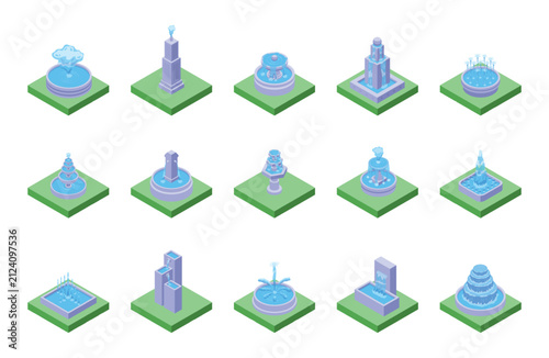 Isometric fountains on green ground. Decorative 3d fountain with water for city park, garden, personal nature zone. Stylish classic and modern vector design