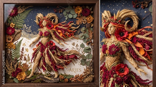 Artistic paper craft diptych of the aries zodiac sign featuring a woman with ram horns surrounded by dried flowers and foliage in a frame
