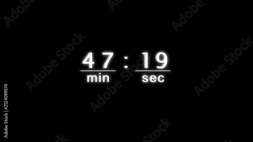 Digital clock timer displaying forty seven minutes and nineteen seconds on black screen.
