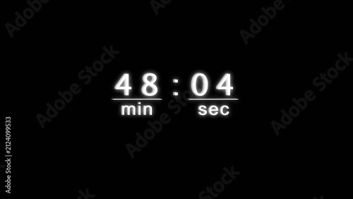 Digital clock display counting up from forty eight minutes and four seconds on black screen.