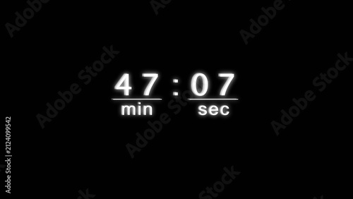 Digital clock timer displaying forty seven minutes and zero seven seconds on black screen.