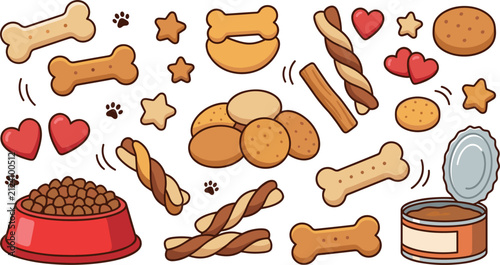 Dog Treats and Pet Food Vector Collection with Crunchy Bones Biscuits Kibble Bowl Canned Wet Food Stars and Hearts for Pet Shop Designs