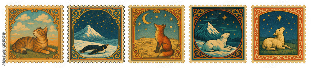 Obraz premium PNG Vintage animal-themed postage stamps, element set on transparent background