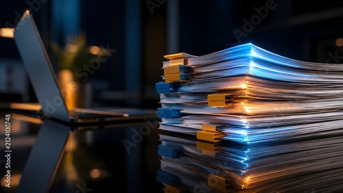 Glowing stack of documents next to a laptop representing digital transformation and electronic data processing in a modern office