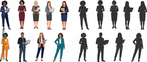 Business People Character Collection with Professional Office Worker Avatars and Black Silhouettes