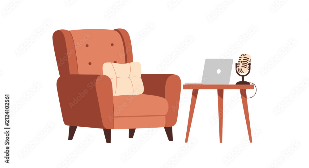 Fototapeta premium Cozy Home Podcast Studio Illustration with Armchair, Laptop, and Vintage Microphone on White Background