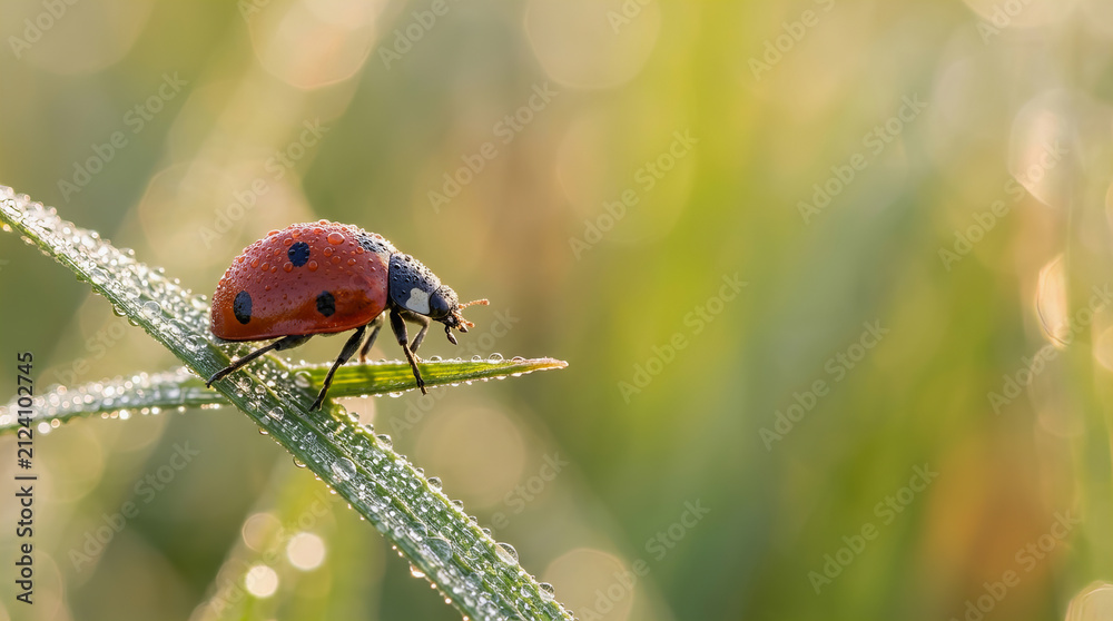 Obraz premium Red ladybug with black spots crawls on dew covered green grass blade in soft focus natural outdoor setting during morning light