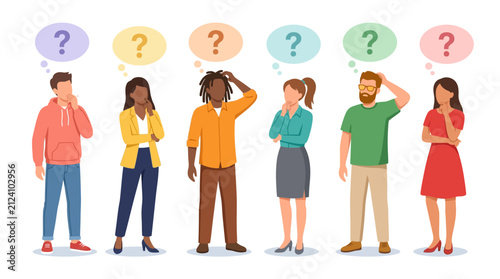 Line of multiethnic people wondering with question marks.