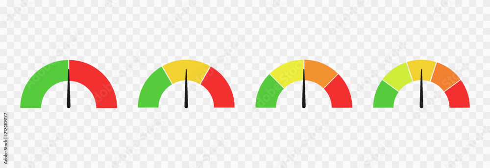 Obraz premium Set of colorful indicator icons for speed, risk, and ratings, ranging from low to high. Gauge or dashboard PNG.