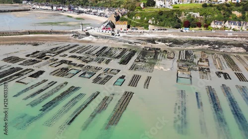 Drone shot of oyster farming near Cancale, seafood production areas on the French coast