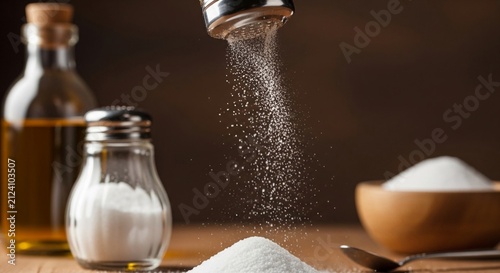 Close-up of salt shaker dispensing fine white crystals onto a pile, creating a culinary moment