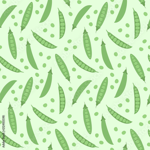 Seamless green pea pattern. Vegetable background. Vector illustration, flat style. Design for packaging, wrapping, fabric, paper, labels, and kitchen textiles.