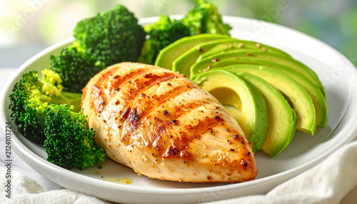 Grilled Chicken Breast with Avocado and Steamed Broccoli Healthy High Protein Low Carb Meal