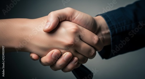Two people firmly shaking hands, symbolizing a business agreement and partnership in a professional meeting