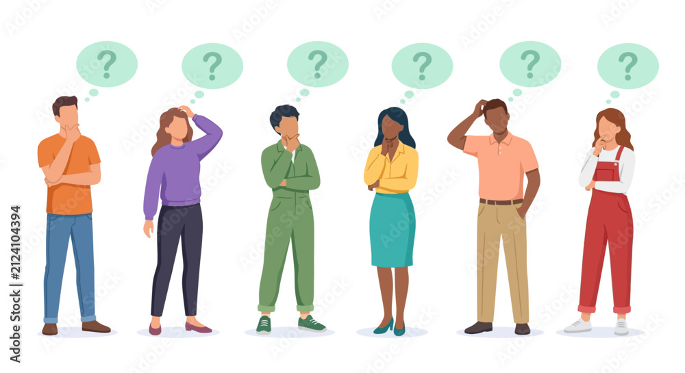 Fototapeta premium Row of people thinking with green question mark bubbles.
