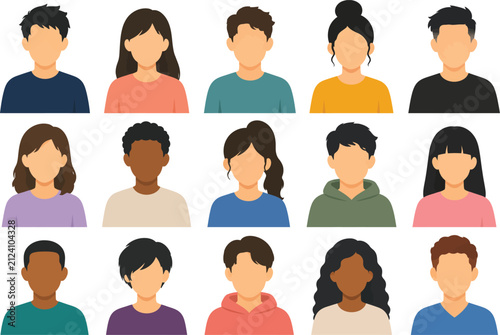 Set of diverse people avatars with various hairstyles and clothing styles isolated on transparent background