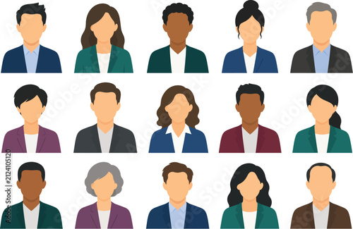 Set of diverse business people avatars representing professional corporate employees isolated on transparent background