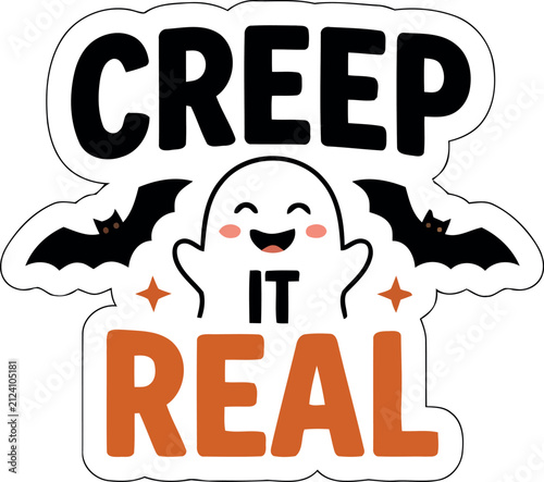Konstfotografi Cute cartoon ghost illustration with flying bats and the funny pun text creep it