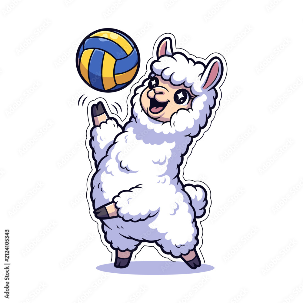 Naklejka premium Happy Cartoon Llama Playing Volleyball in Vibrant Colors