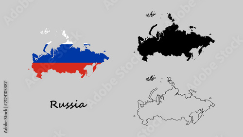 Russia map set. Russia map vector on flag, silhouette, and outline. Russia map on gray background