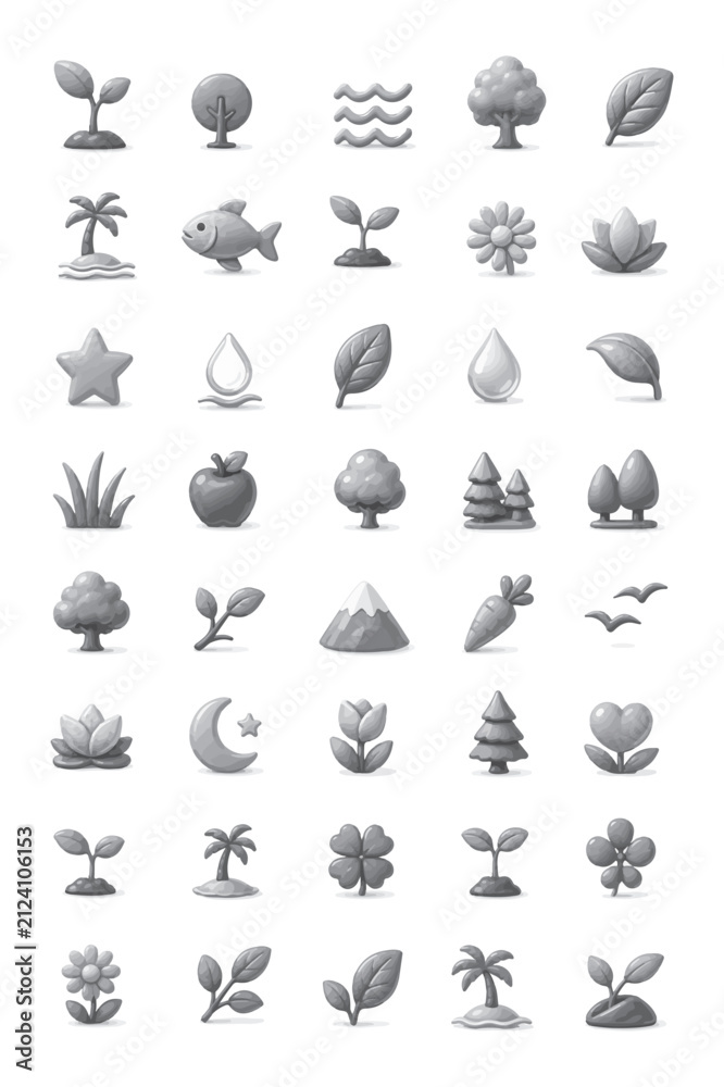Obraz premium 40 Nature Icons Set – Plants, Trees, Leaves and Seedling Glyph Vector Icons for UI, Mobile Apps, Games, Web and Eco Design Projects