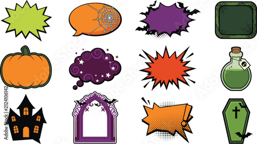 Halloween Comic Speech Bubble Collection with Spooky Frames, Pumpkin, Haunted Castle, Potion, and Pop Art Vector Elements Set