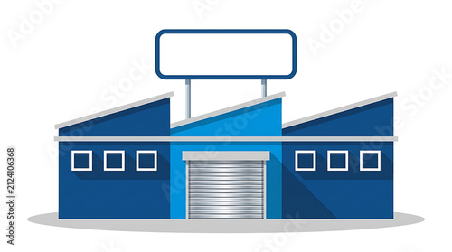 Modern industrial factory PNG with blank billboard sign, blue warehouse building isolated on white background for commercial logistics . Ai Generated
