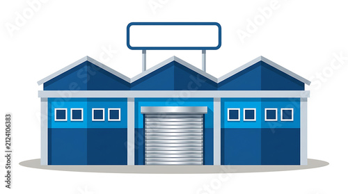 Blue industrial warehouse building PNG with blank signboard and roller shutter, commercial factory illustration isolated on white background for logistics banner