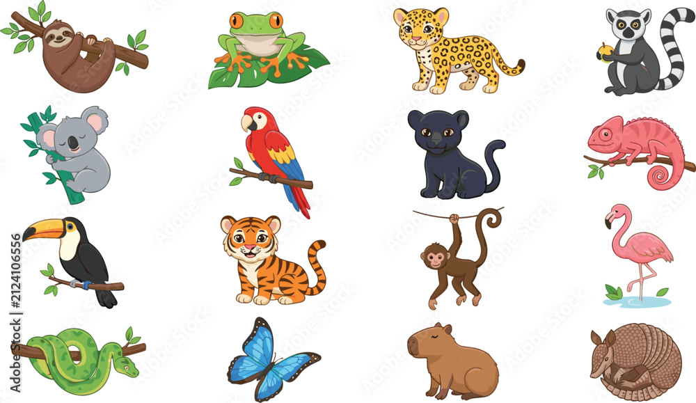 Fototapeta premium Cute Tropical Wildlife Animal Collection with Sloth, Frog, Leopard, Parrot, Flamingo, Snake, Monkey and Jungle Characters Vector Set