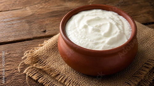 Fresh, thick curd rests beautifully in a traditional earthenware pot, placed on a rustic burlap mat over a textured wooden surface.