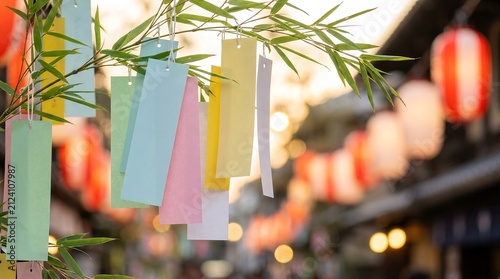 Tanabata Festival Decorations: Colorful Paper Tanzaku Strips Hanging from Bamboo Branch