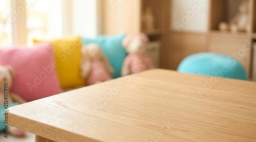 Empty Wooden Table in Blurred Children Nursery Background for Product Placement