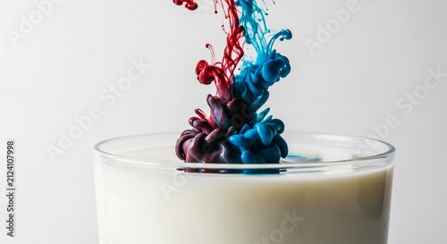 Vibrant Red and Blue Ink Droplets Exploding and Dissolving in Water, a Macro Shot Capturing Fluid Motion