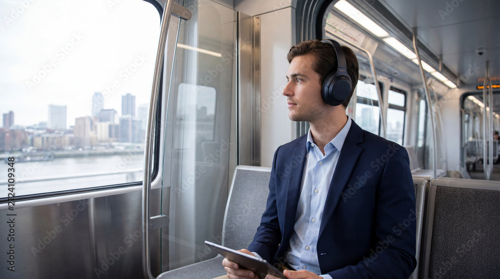 Fototapeta premium Young professional on metro commute with tablet and headphones