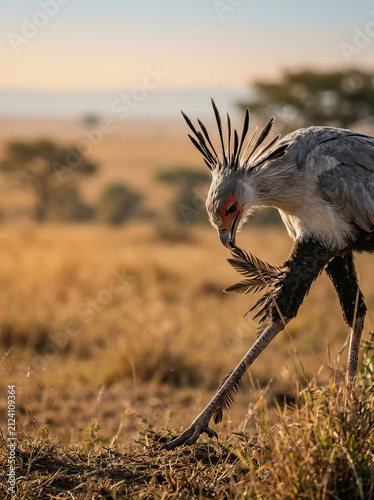 Secretary bird stands alert in African savanna grassland at golden hour with distinctive crest feathers and long legs visible
