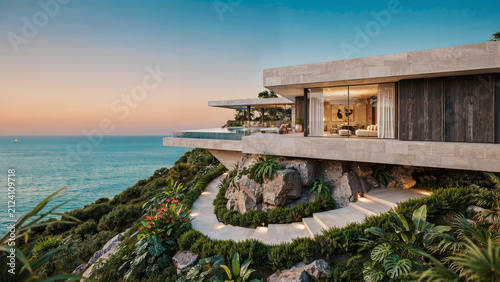 Modern luxury beachfront villa with infinity pool overlooking turquoise ocean