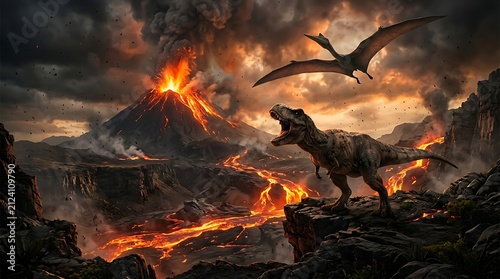 T-rex and pterodactyl near erupting volcano with lava