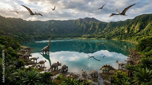 Dinosaurs living in a lush prehistoric lake landscape